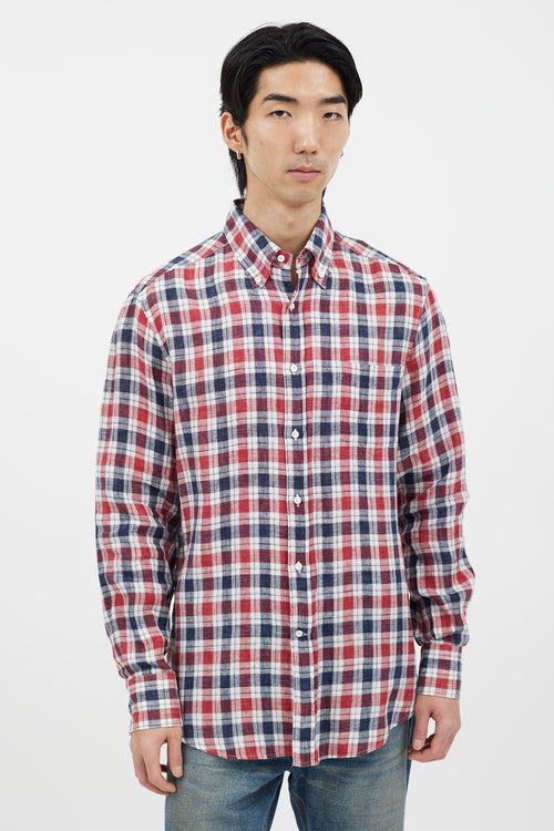 Brunello Cucinelli Navy & Red Plaid Long Sleeve Shirt