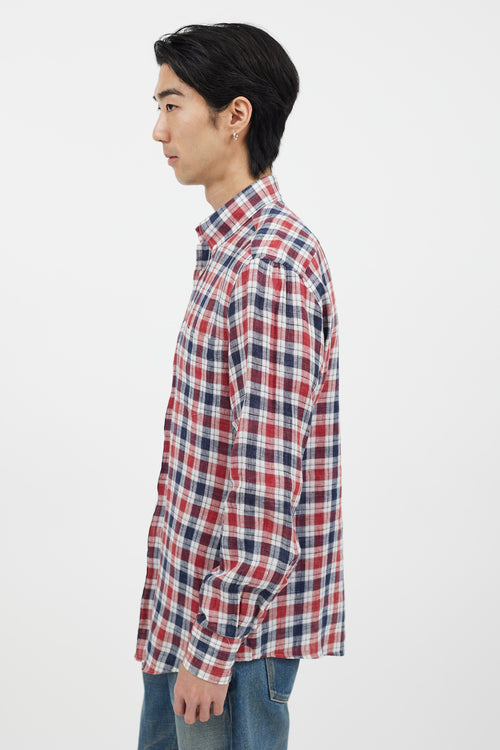 Brunello Cucinelli Navy & Red Plaid Long Sleeve Shirt