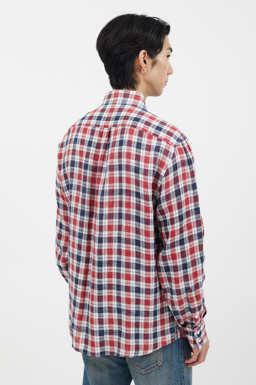 Brunello Cucinelli Navy & Red Plaid Long Sleeve Shirt