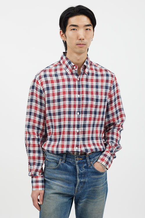 Brunello Cucinelli Navy & Red Plaid Long Sleeve Shirt