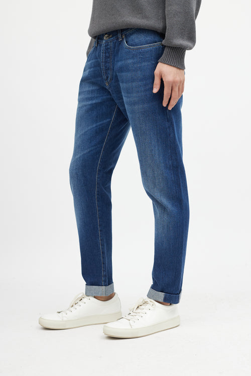 Brunello Cucinelli Navy Slim Cuffed Denim Jeans