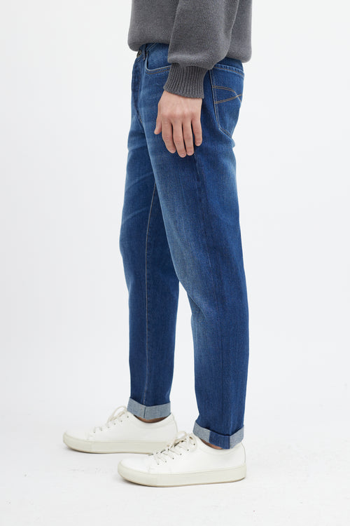 Brunello Cucinelli Navy Slim Cuffed Denim Jeans