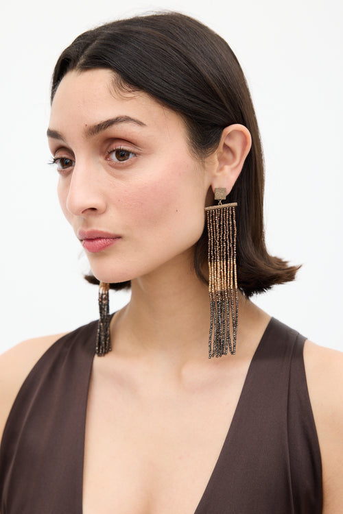 Brunello Cucinelli Silver & Brown Monili & Bead Fringe Earrings