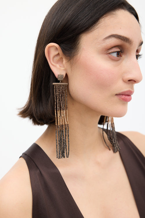 Brunello Cucinelli Silver & Brown Monili & Bead Fringe Earrings