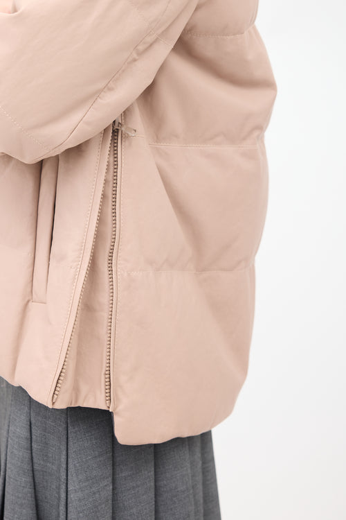 Brunello Cucinelli Pink Leather Side Zip Down Puffer Jacket