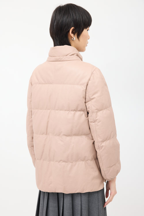 Brunello Cucinelli Pink Leather Side Zip Down Puffer Jacket