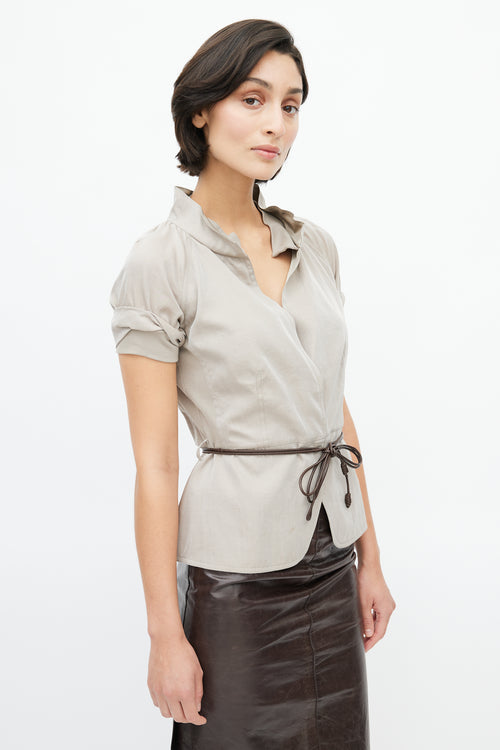 Brunello Cucinelli Taupe Silk Plunge Belted Blouse