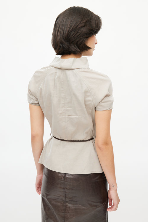 Brunello Cucinelli Taupe Silk Plunge Belted Blouse