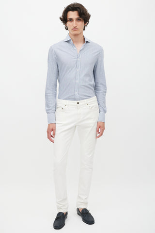 Brunello Cucinelli White & Blue Striped Shirt