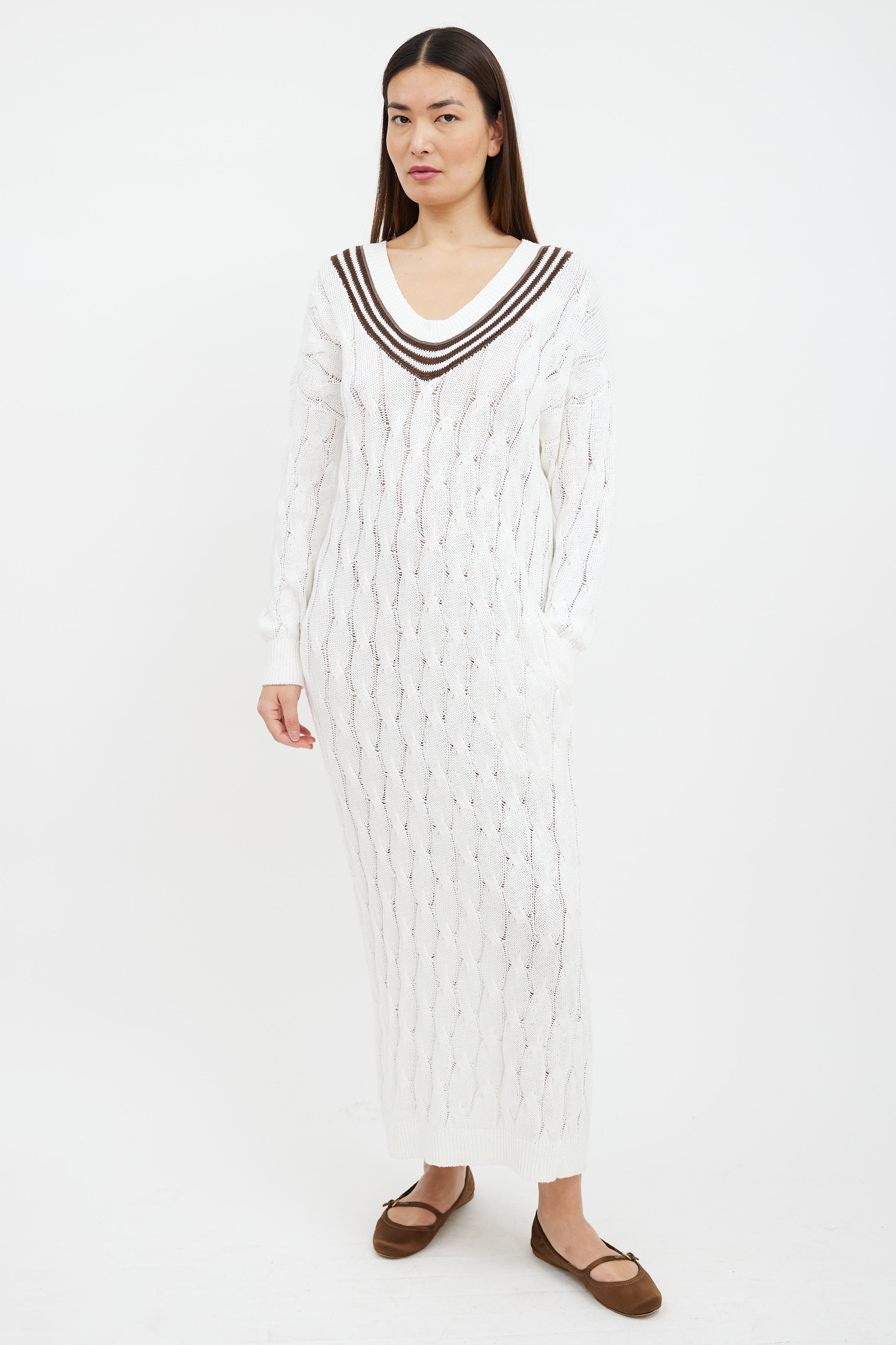 Brunello Cucinelli // White & Brown Striped Cable Knit Sweater Dress VSP Consignment Brunello Cucinelli // White & Brown Striped Cable Knit Sweater Dress VSP Consignment
