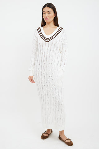 Brunello Cucinelli White & Brown Striped Cable Knit Sweater Dress