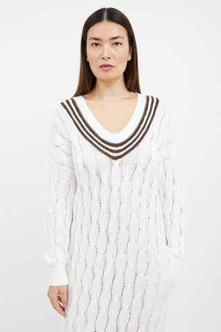 Brunello Cucinelli White & Brown Striped Cable Knit Sweater Dress