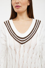 Brunello Cucinelli White & Brown Striped Cable Knit Sweater Dress