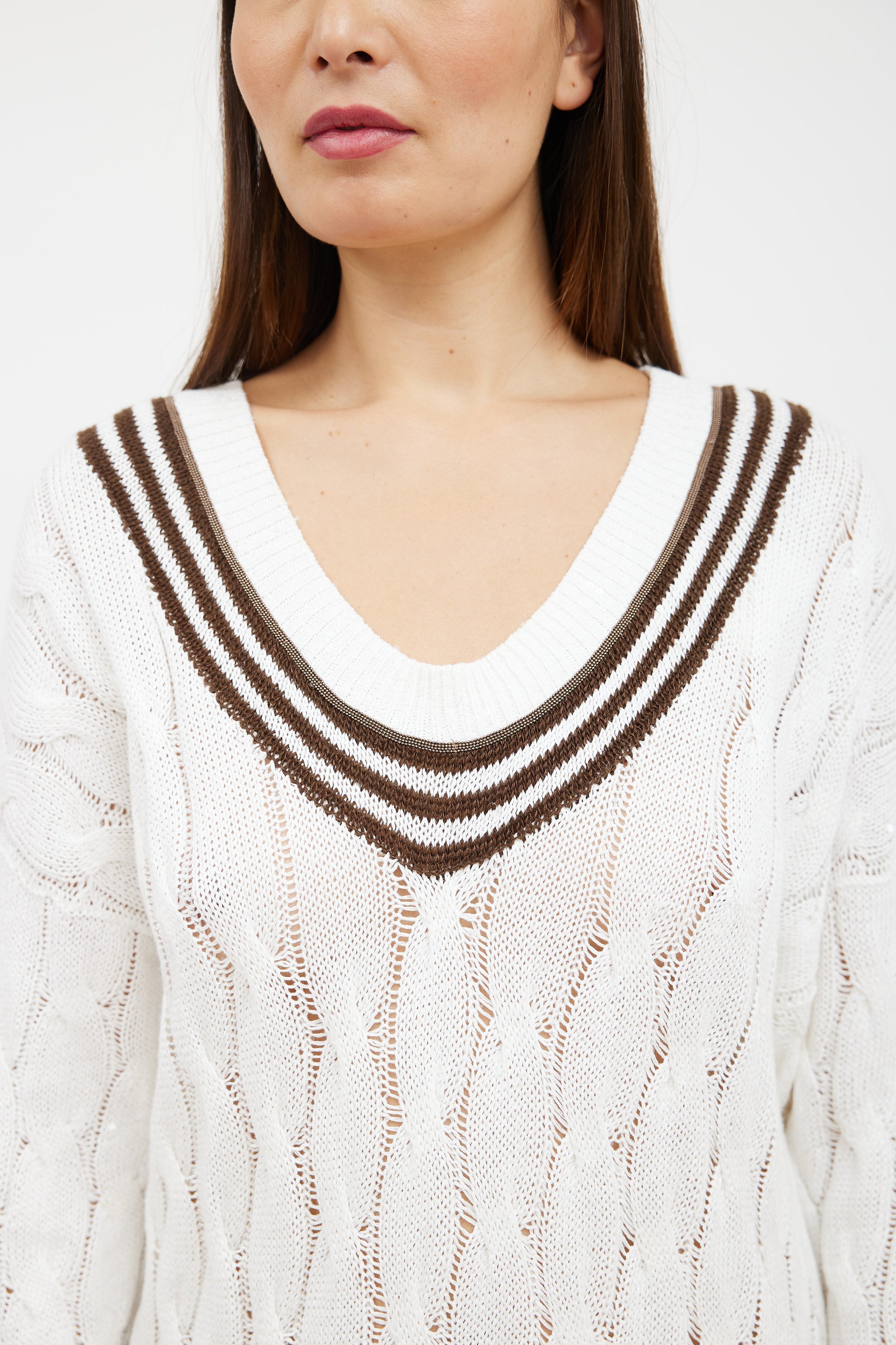 Brunello Cucinelli // White & Brown Striped Cable Knit Sweater Dress VSP Consignment Brunello Cucinelli // White & Brown Striped Cable Knit Sweater Dress VSP Consignment