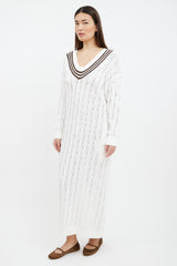 Brunello Cucinelli White & Brown Striped Cable Knit Sweater Dress