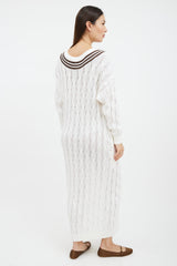 Brunello Cucinelli White & Brown Striped Cable Knit Sweater Dress