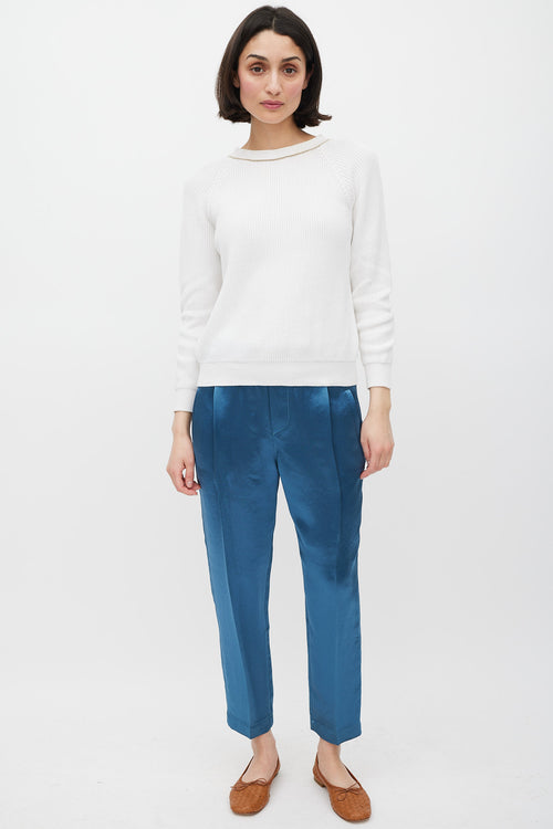 Brunello Cucinelli White & Gold Monili Knit Sweater