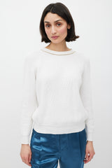 Brunello Cucinelli White & Gold Monili Knit Sweater