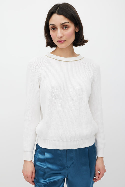 Brunello Cucinelli White & Gold Monili Knit Sweater