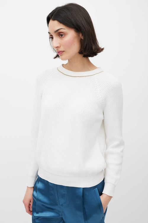 Brunello Cucinelli White & Gold Monili Knit Sweater