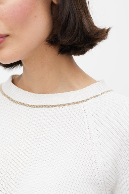 Brunello Cucinelli White & Gold Monili Knit Sweater