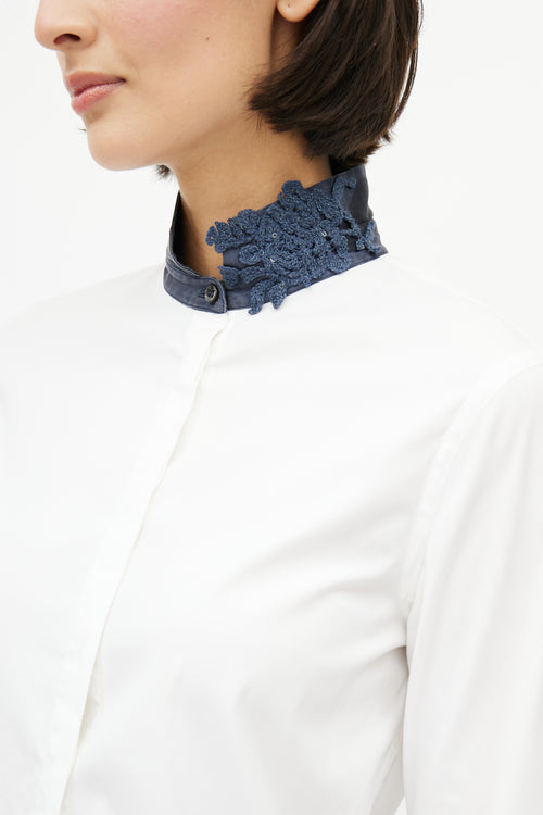 Brunello Cucinelli White & Navy Crochet Collar Shirt