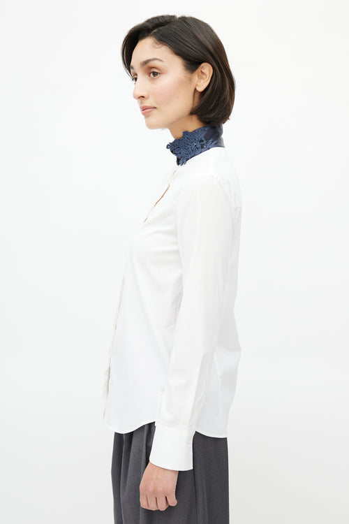 Brunello Cucinelli White & Navy Crochet Collar Shirt