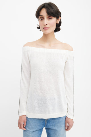 Brunello Cucinelli White Monili Stripe Off The Shoulder Sweater