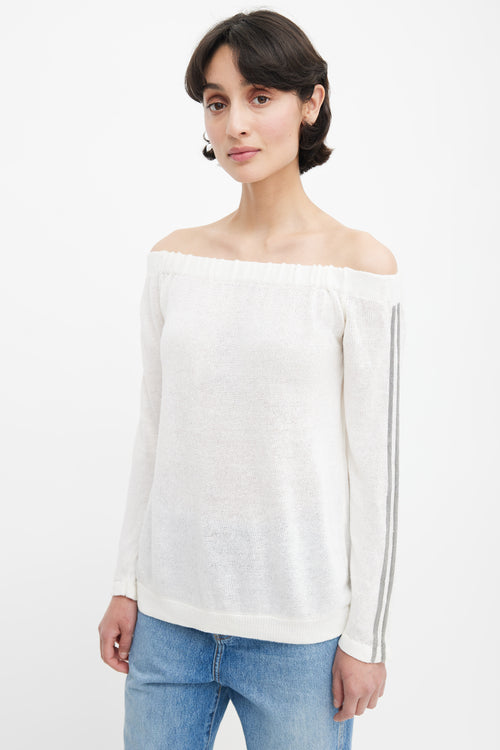 Brunello Cucinelli White Monili Stripe Off The Shoulder Sweater