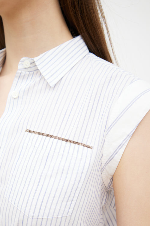 Brunello Cucinelli White & Blue Striped Belted Shirt Dress