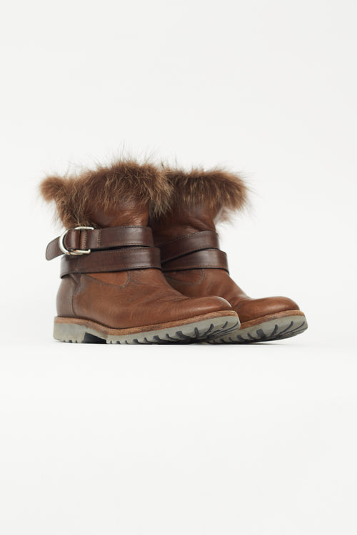 Brunello Cucinelli Brown Leather Fur Trim Ankle Boot