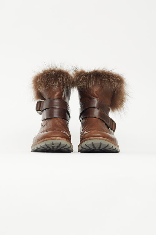 Brunello Cucinelli Brown Leather Fur Trim Ankle Boot