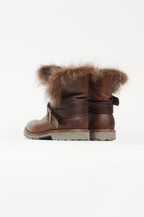 Brunello Cucinelli Brown Leather Fur Trim Ankle Boot