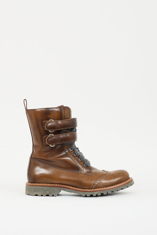 Brunello Cucinelli Brown Leather Brogue Lace Up Boot