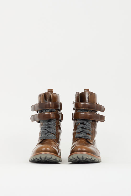 Brunello Cucinelli Brown Leather Brogue Lace Up Boot