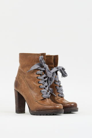 Brunello Cucinelli Brown Leather Lace Up Heeled Boot