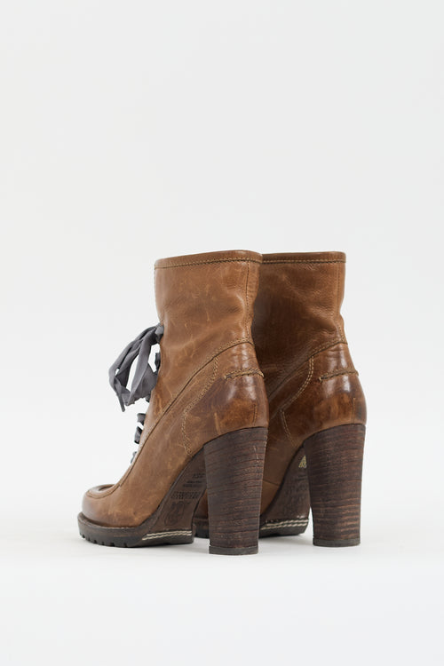 Brunello Cucinelli Brown Leather Lace Up Heeled Boot