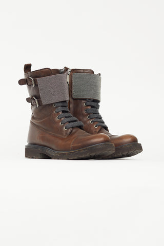 Brunello Cucinelli Brown Leather & Monili Bead Combat Boot