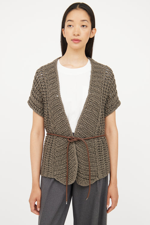 Brunello Cucinelli Grey Knit Short Sleeve Wrap Cardigan