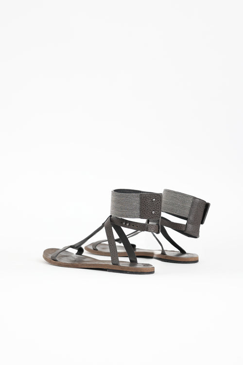 Brunello Cucinelli Leather Monili T-Strap Sandal