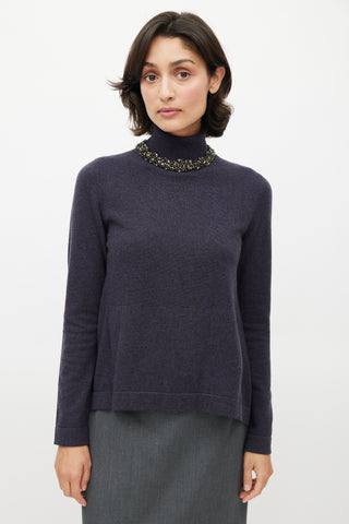 Brunello Cucinelli Navy Cashmere Jewel Embellished Turtleneck