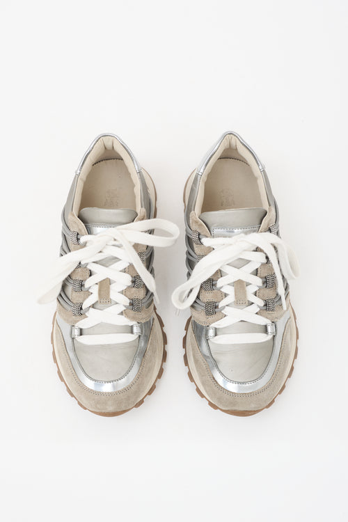 Brunello Cucinelli Suede & Metallic Leather Panelled Sneaker