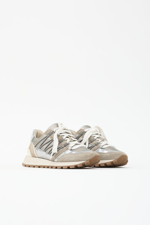 Brunello Cucinelli Suede & Metallic Leather Panelled Sneaker