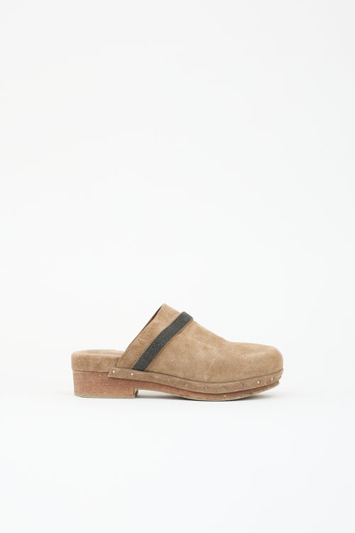 Brunello Cucinelli Suede Monili Clog Mule