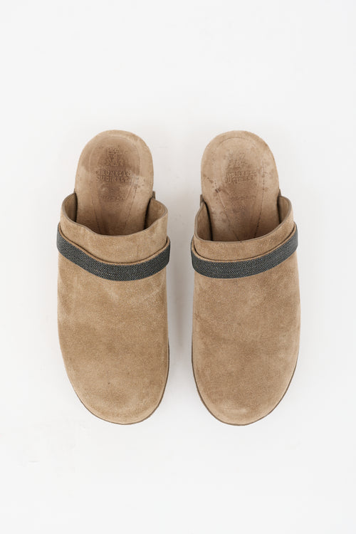 Brunello Cucinelli Suede Monili Clog Mule