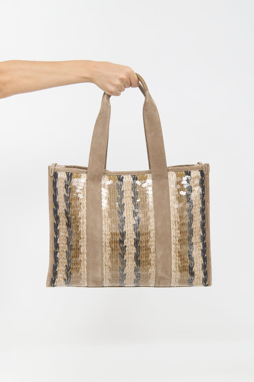 Brunello Cucinelli Suede & Sequin Glamour Stripe Tote Bag