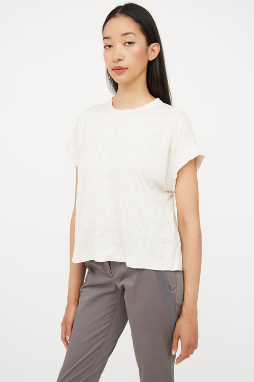 Brunello Cucinelli Cream Embroidered Short Sleeve Top