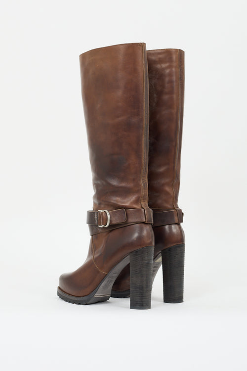 Brunello Cucinelli Brown Leather & Shearling Lined Buckled Boot