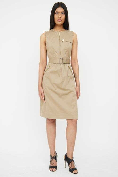 Burberry Beige Ruffle & Zipper Belted Dress