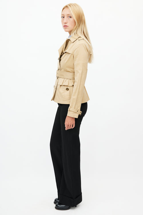 Burberry Beige Belted Short Ruffled Trench Coat